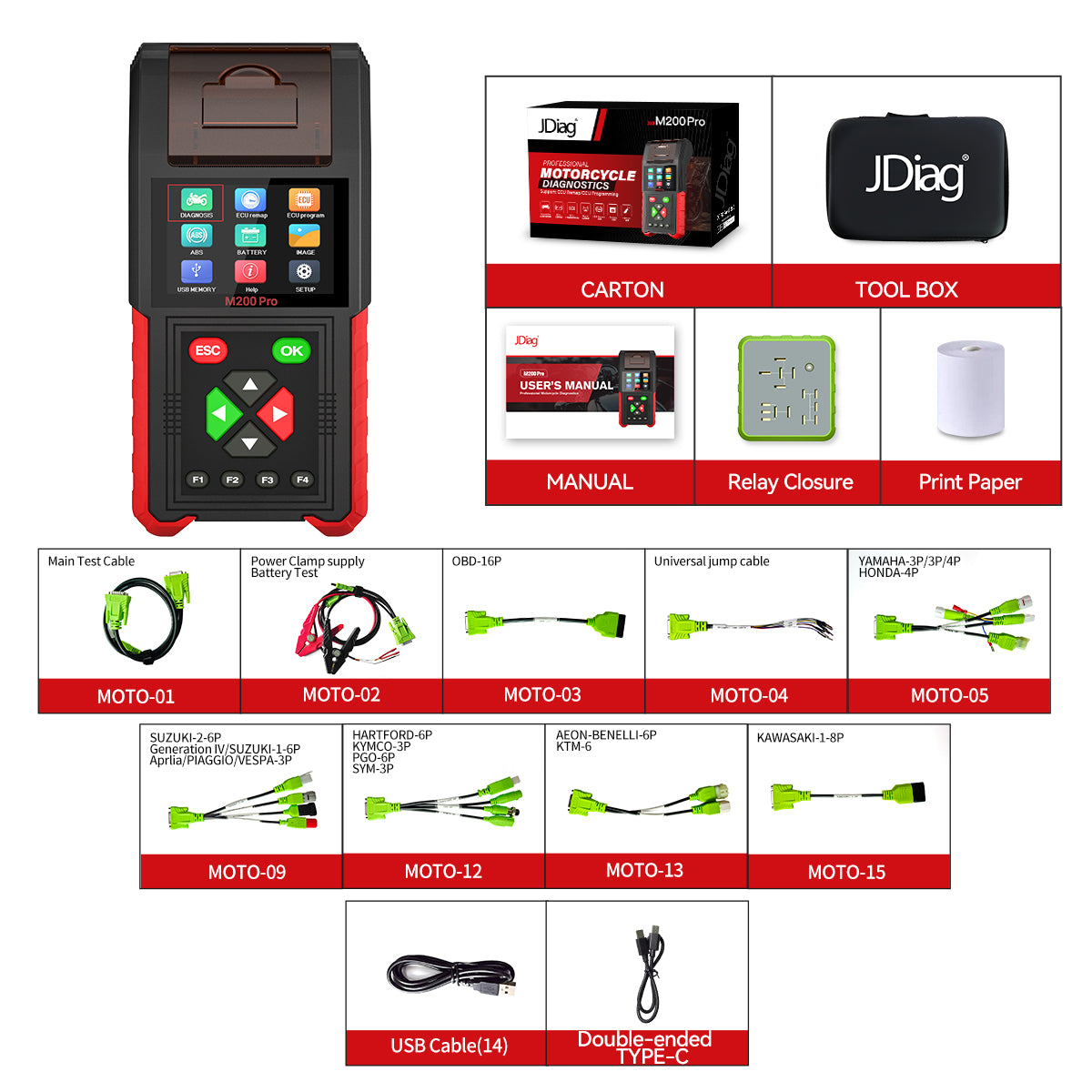 JDiag M200 Pro Diagnostic Scanner with Honda ECU Remap Universal Motorcycle Scanner Battery Tester ABS System Test Fault Codes