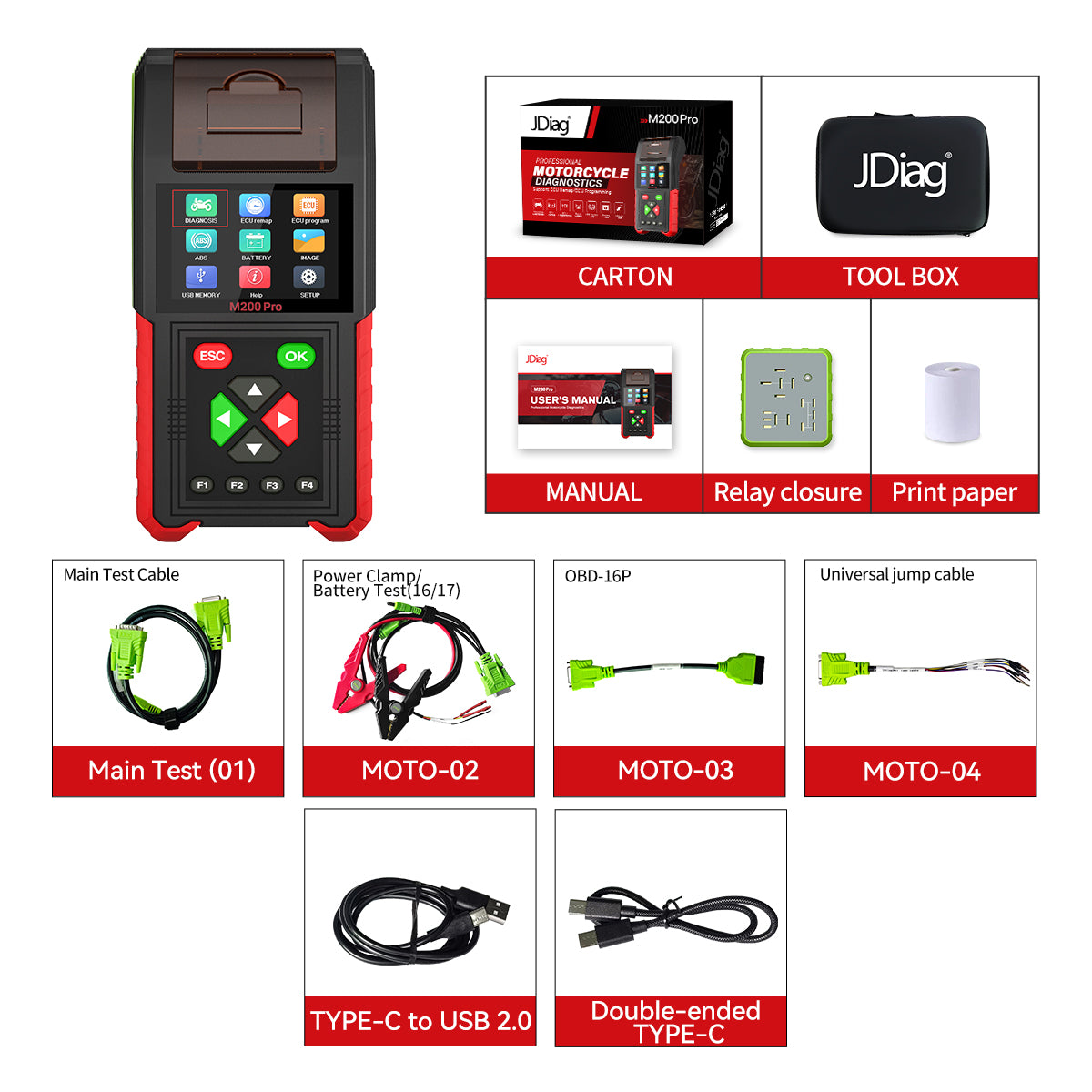 JDiag M200 Pro Diagnostic Scanner with Honda ECU Remap Universal Motorcycle Scanner Battery Tester ABS System Test Fault Codes