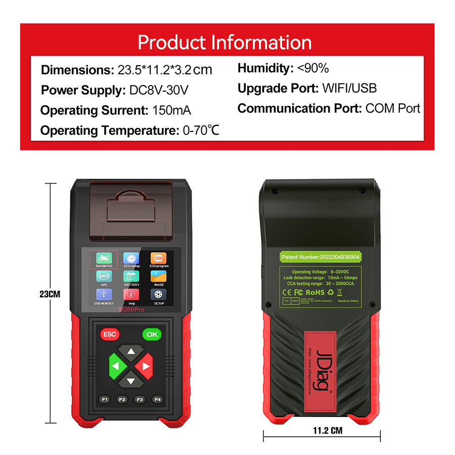 JDiag M200 Pro Diagnostic Scanner with Honda ECU Remap Universal Motorcycle Scanner Battery Tester ABS System Test Fault Codes
