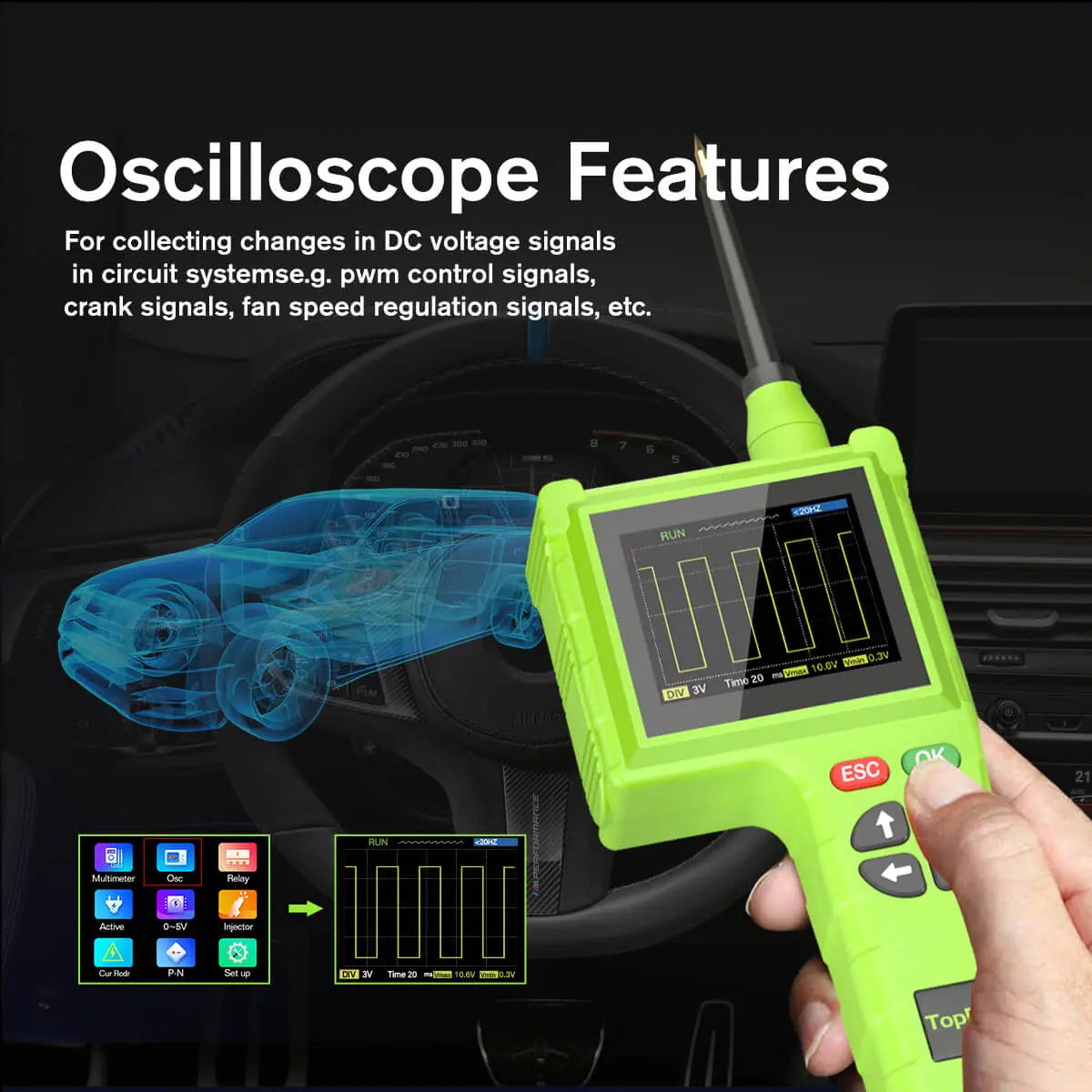 Topdiag P200 Pro Power Circuit Probe Tester Multimeter Oscilloscope Leakage Car Circuit Analyzer 9V-48V Injector Tester