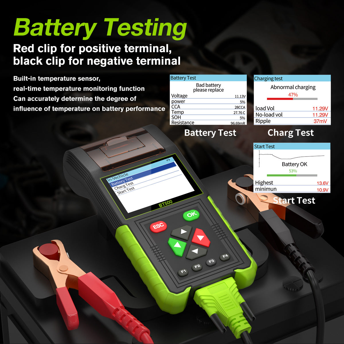 Topdiag BT500 Car Battery Tester 20-2000CCA 12V 24V Leakage Detect Load Relay Test Auto Battery Analyzer Automotive Battery Tool