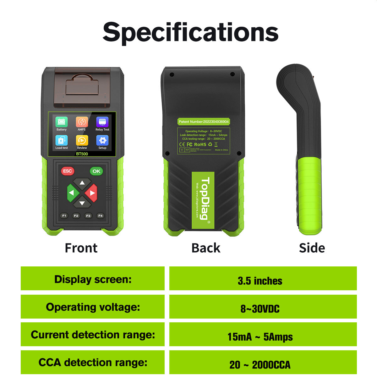 Topdiag BT500 Car Battery Tester 20-2000CCA 12V 24V Leakage Detect Load Relay Test Auto Battery Analyzer Automotive Battery Tool