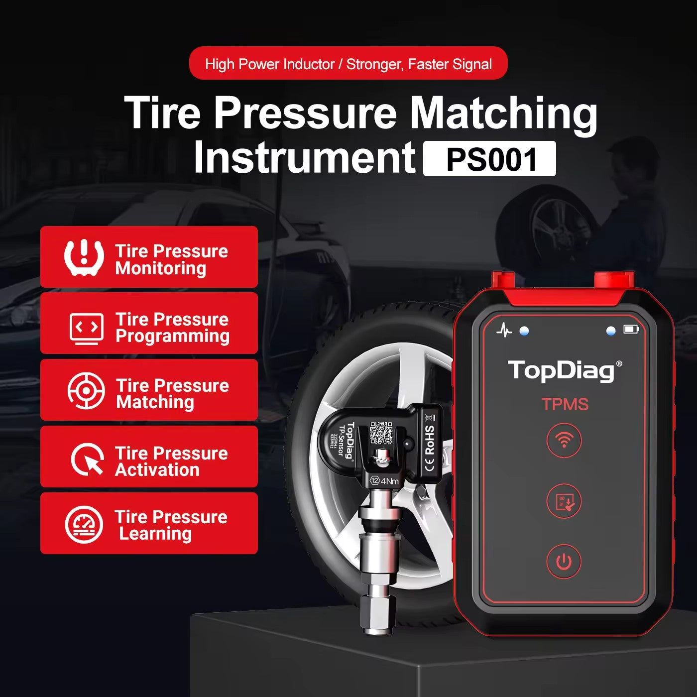 TopDiag PS001 Car TPMS Diagnostic Service Tool Activate Relearn Sensors Program TPMS OBDII Kit Tire Pressure Matching Instrument